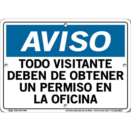 Vestil Aluminum Sign, 7-1/2" Height, 10-1/2" Width, Aluminum, Rectangle, Spanish SI-N-33-A-AL-040-S